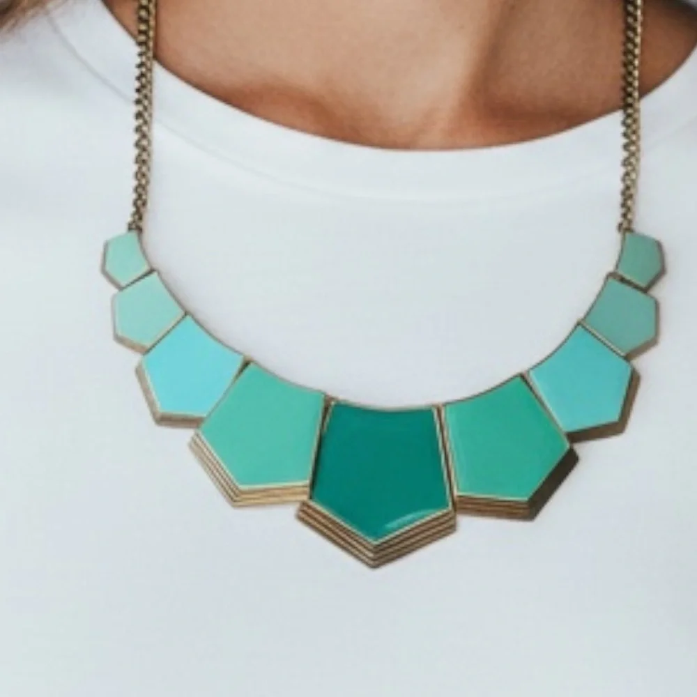 Y2K Boho Green & Blue Statement Necklace Gold Chain Adjustable Geometric